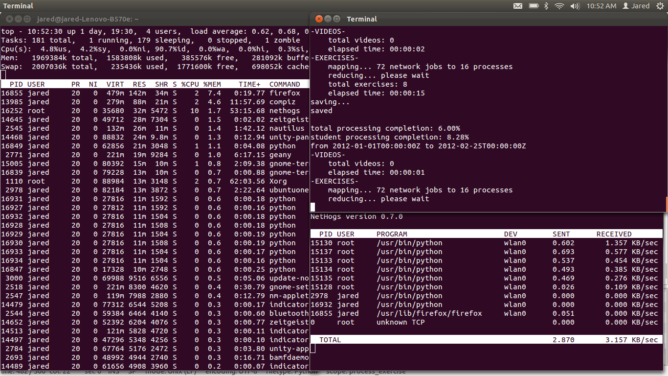 CPU/Memory usage on left, program top right, net stats on the bottom right. 8 processes running together :)